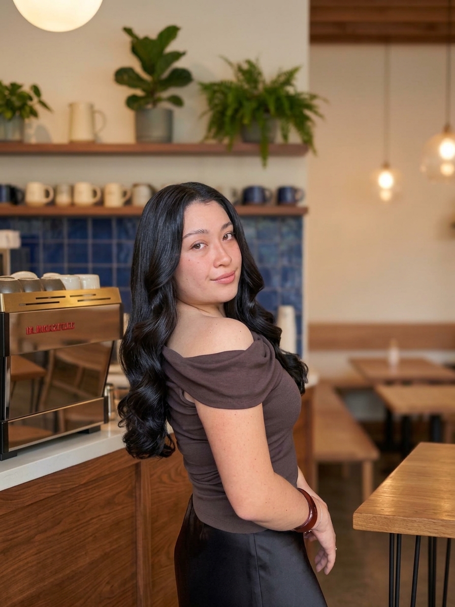 Karla Cruz Castañeda entre los cafetales de la Sierra Norte de Oaxaca, con una canasta de cerezas de café